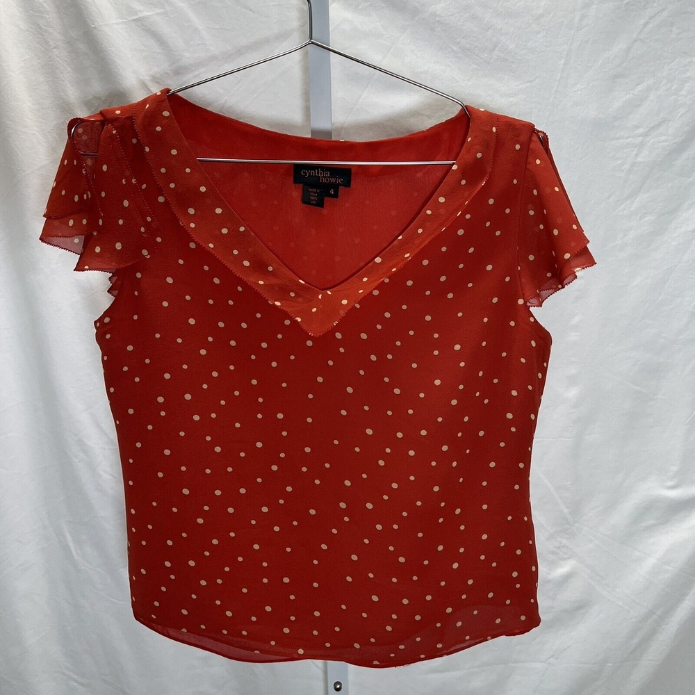 Cynthia Howie Womens 4 Blouse Red white polka dots petal sleeve Lined 100% Silk